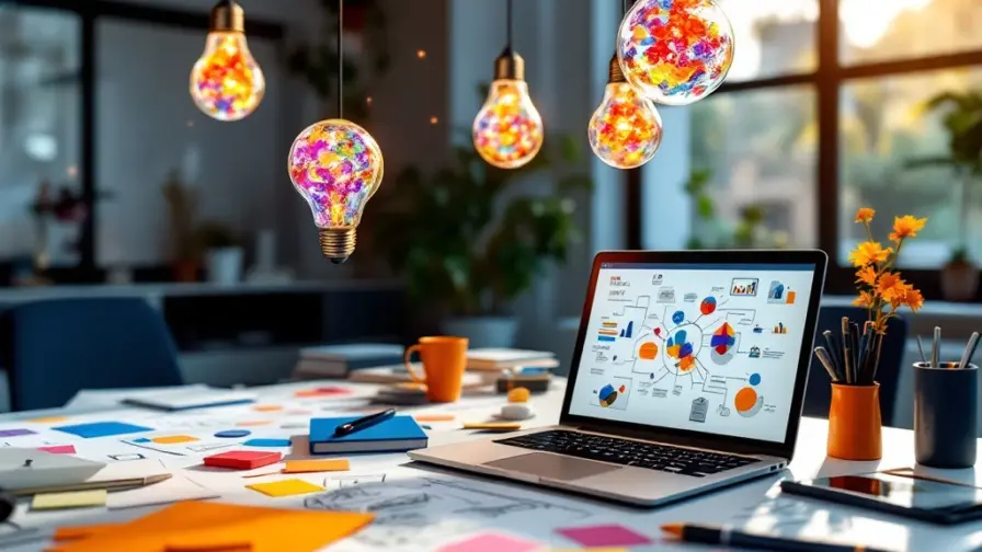 Modern kantoorbureau met creatieve materialen, laptop en zwevende gloeilampen met kleurrijke deeltjes in warm licht