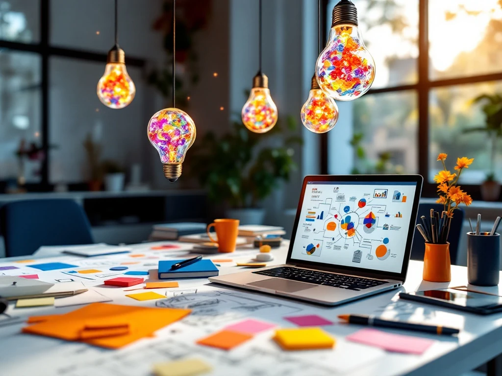 Modern kantoorbureau met creatieve materialen, laptop en zwevende gloeilampen met kleurrijke deeltjes in warm licht