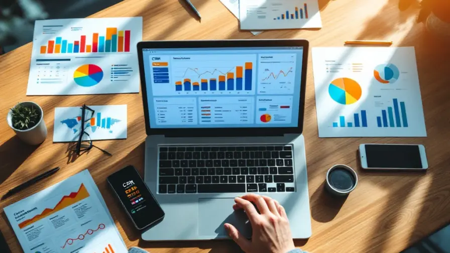 Moderne bureauopstelling met laptop met CRM-dashboard, marketinggrafieken en smartphone op houten bureau van bovenaf