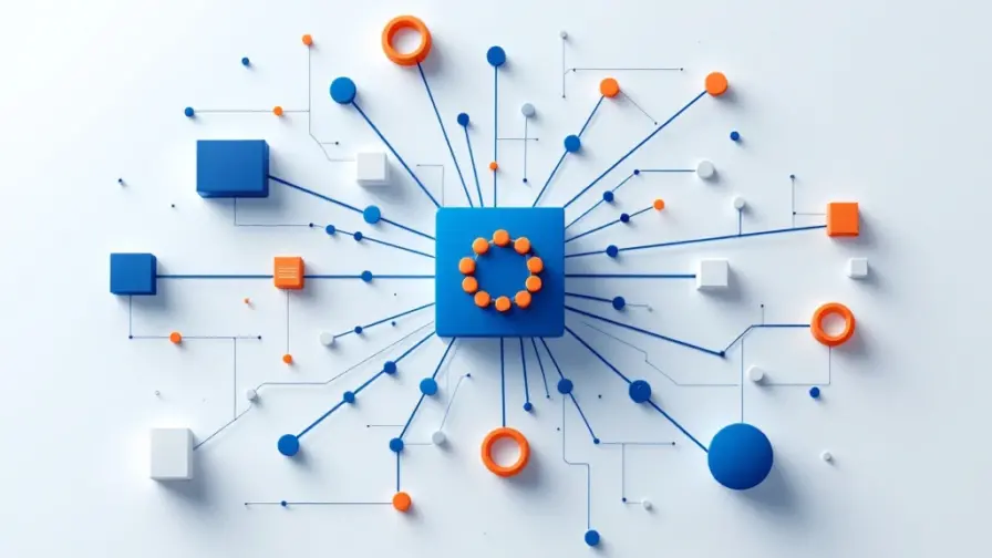 Netwerk van verbonden geometrische knooppunten in blauw en oranje die CRM-systeemintegraties visualiseren op witte achtergrond