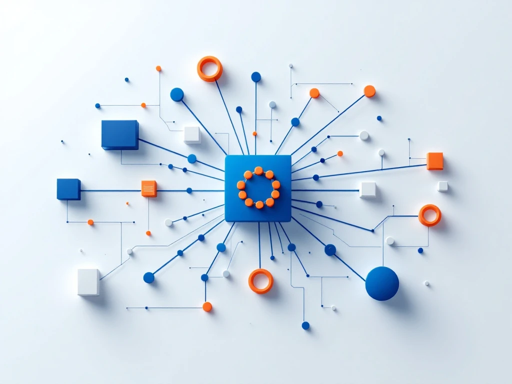 Netwerk van verbonden geometrische knooppunten in blauw en oranje die CRM-systeemintegraties visualiseren op witte achtergrond
