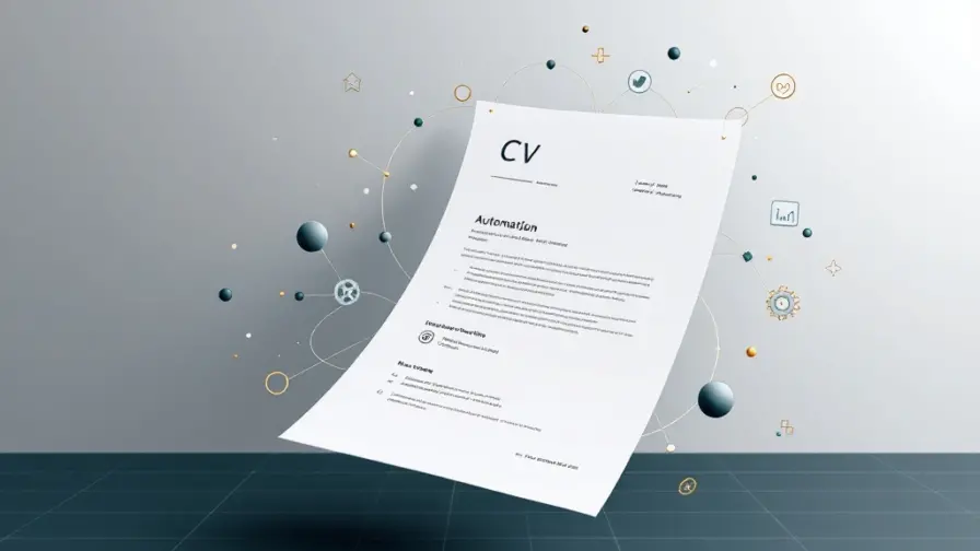 CV-document met gouden en teal automatiseringssymbolen, grafieken en workflow-iconen op marineblauw naar grijze achtergrond