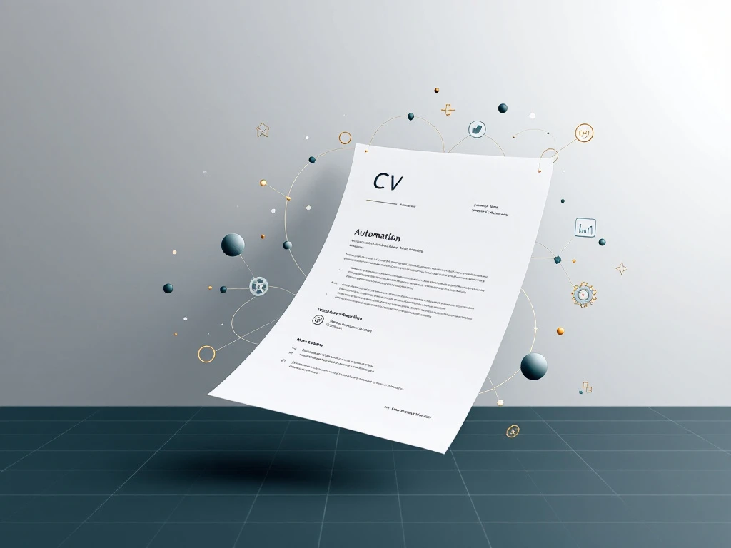 CV-document met gouden en teal automatiseringssymbolen, grafieken en workflow-iconen op marineblauw naar grijze achtergrond