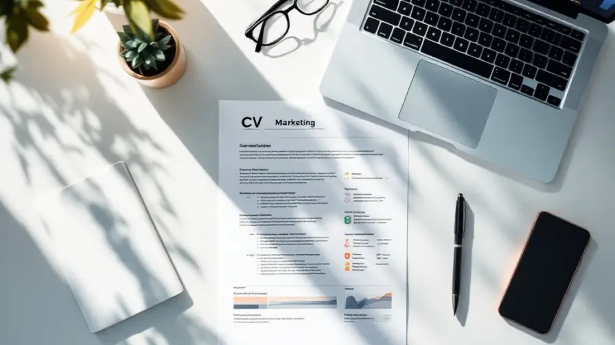 CV-document op wit bureau met laptop, smartphone, bril en pen voor professionele sollicitatie en recruitment