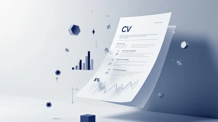 CV-document met abstracte grafieken en datavisualisatie in marineblauw en zilver, minimalistisch ontwerp voor recruitment