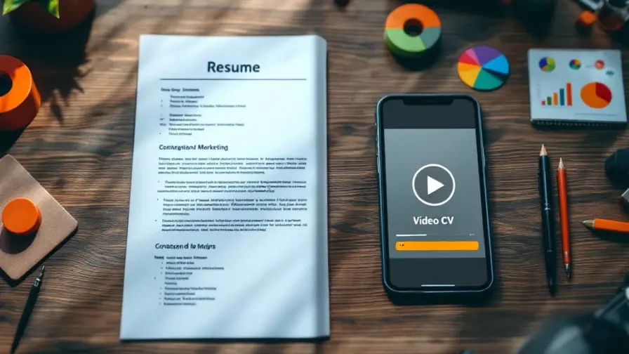 Traditioneel papieren cv naast moderne tablet met video-cv op houten bureau met marketinggrafieken op achtergrond