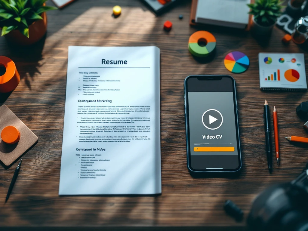 Traditioneel papieren cv naast moderne tablet met video-cv op houten bureau met marketinggrafieken op achtergrond