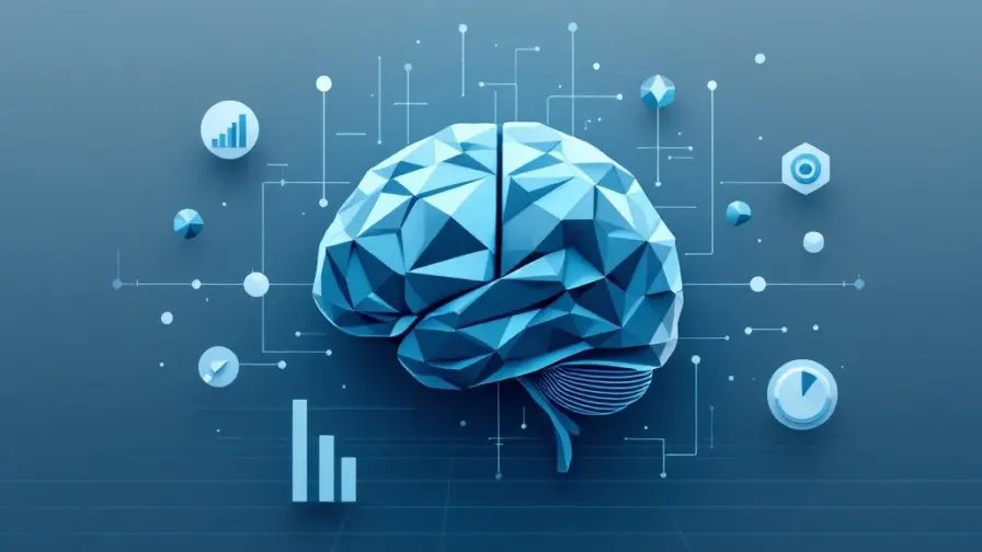 Geometrisch brein-icoon gemaakt van datavisualisatie-elementen in marineblauw en teal, omringd door verbonden datapunten