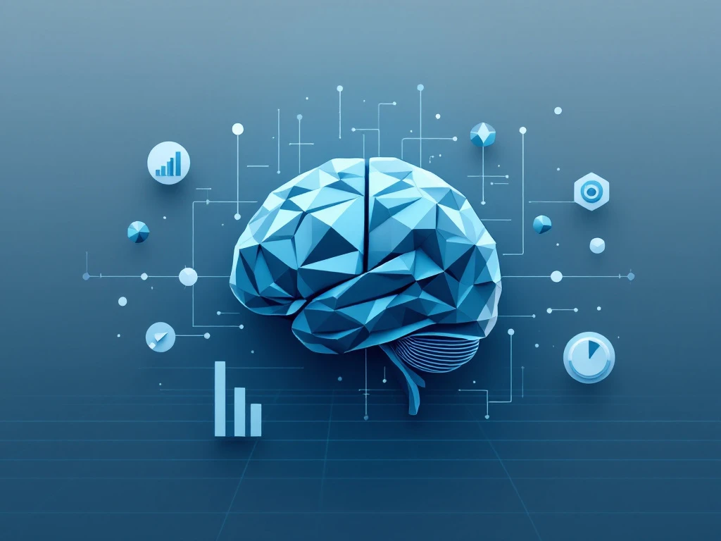 Geometrisch brein-icoon gemaakt van datavisualisatie-elementen in marineblauw en teal, omringd door verbonden datapunten