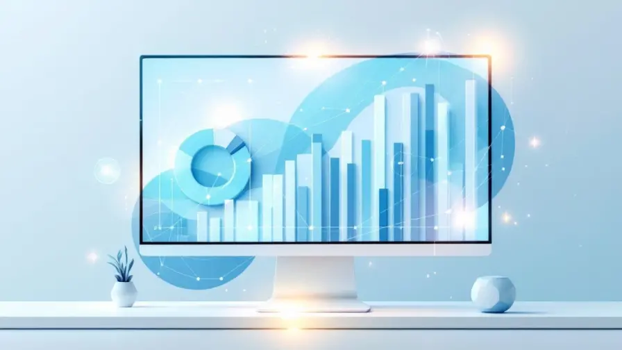 Moderne datavisualisatie met zwevende grafieken, diagrammen en dashboards in zachte blauwtinten op lichte achtergrond