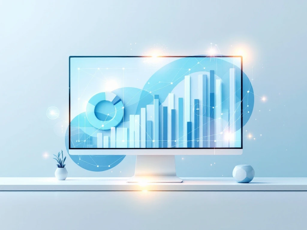 Moderne datavisualisatie met zwevende grafieken, diagrammen en dashboards in zachte blauwtinten op lichte achtergrond