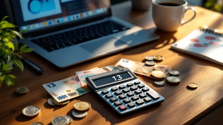 Calculator toont "13" op houten bureau met eurobiljetten, laptop met grafieken en koffiekop in professionele setting