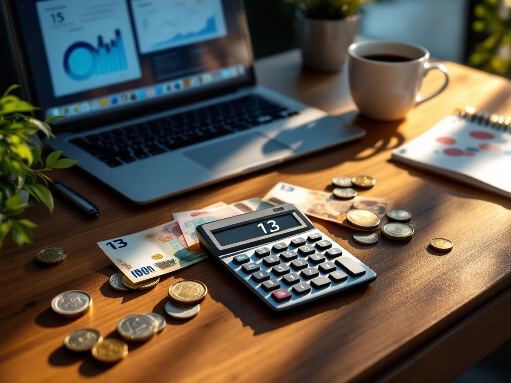 Calculator toont "13" op houten bureau met eurobiljetten, laptop met grafieken en koffiekop in professionele setting