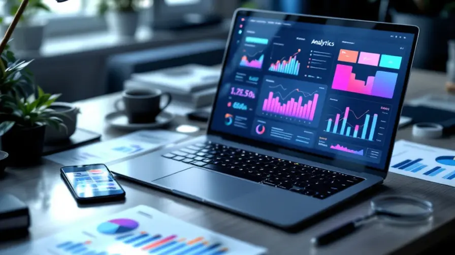 Moderne werkplek met laptop die marketing analytics toont, smartphone, rapporten en vergrootglas op bureau