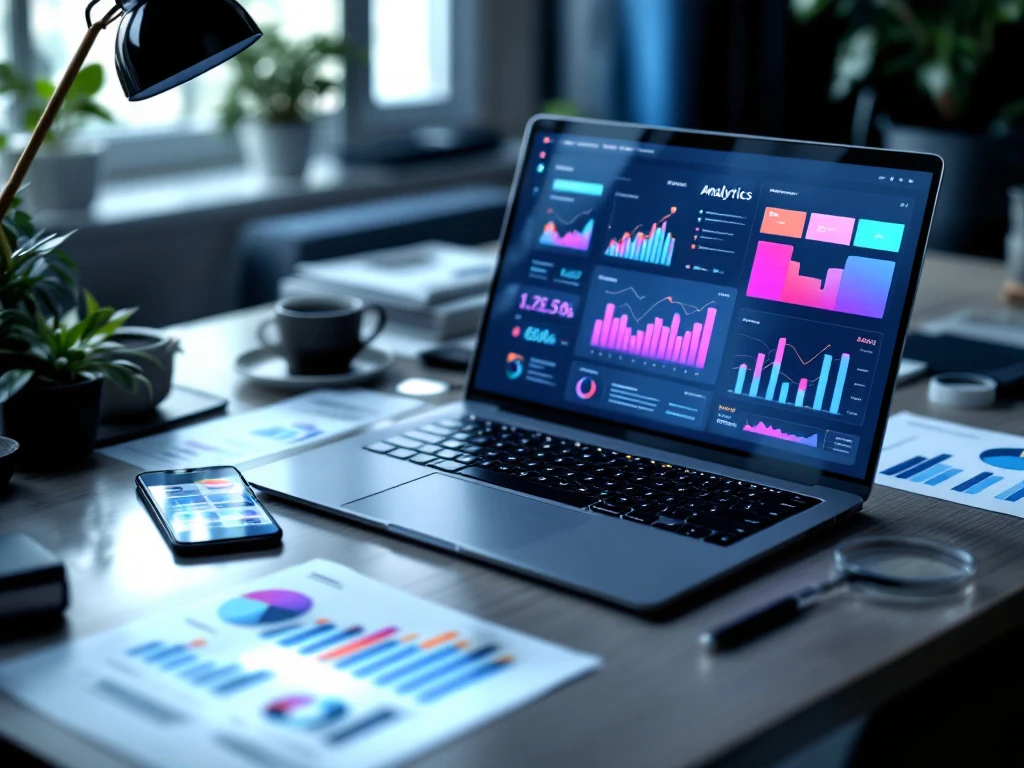 Moderne werkplek met laptop die marketing analytics toont, smartphone, rapporten en vergrootglas op bureau