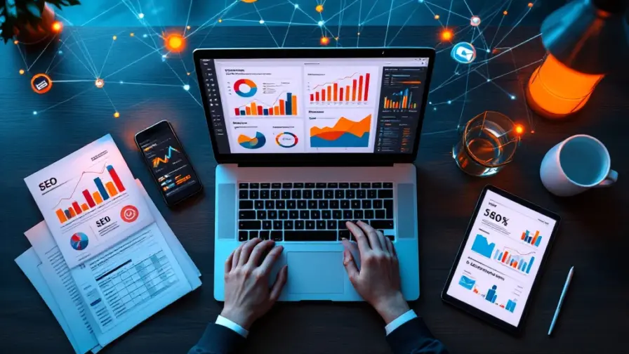 Moderne werkplek met laptop die digitale marketing analytics toont, omringd door smartphone, tablet en SEO-onderzoek