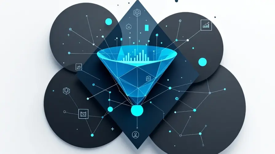Digitale marketing trechter met verbonden data-iconen en analytische elementen in blauw-groene gradiënten op witte achtergrond