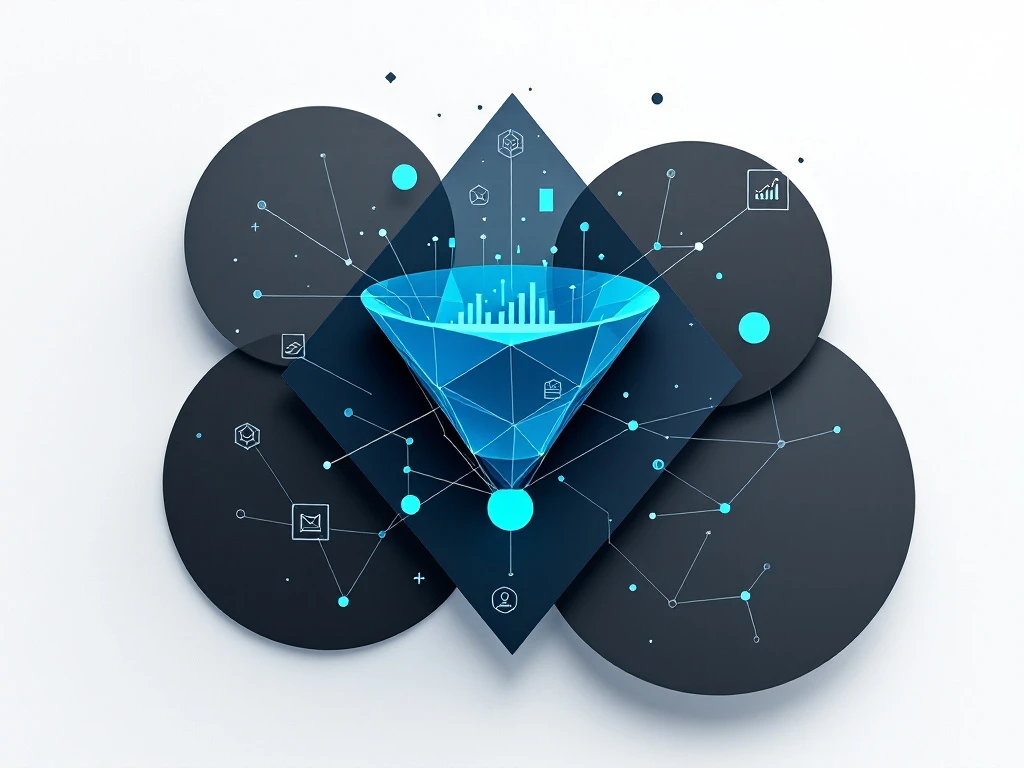 Digitale marketing trechter met verbonden data-iconen en analytische elementen in blauw-groene gradiënten op witte achtergrond