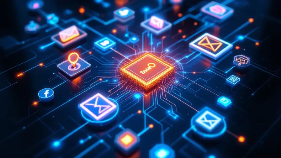 Luchtfoto van digitale werkruimte met verlichte schermen die online marketingiconen tonen, verbonden door blauwe en oranje lichtsporen