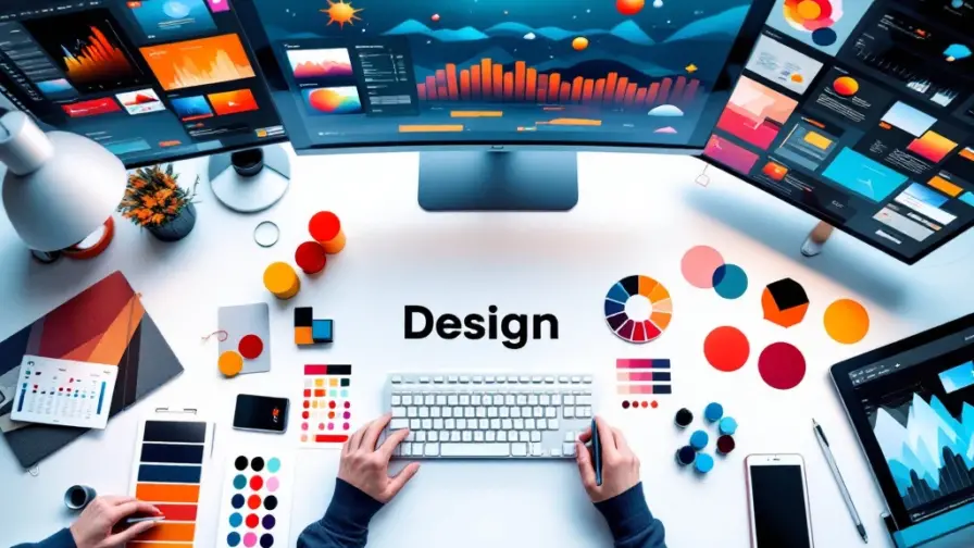 Moderne ontwerper werkruimte met meerdere schermen, design software, kleurpaletten en creatieve tools op wit bureau