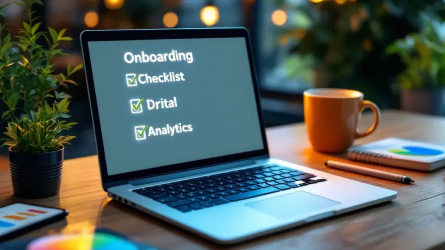 Laptop met digitale onboarding checklist op modern bureau omringd door marketingtools en analytics op smartphone