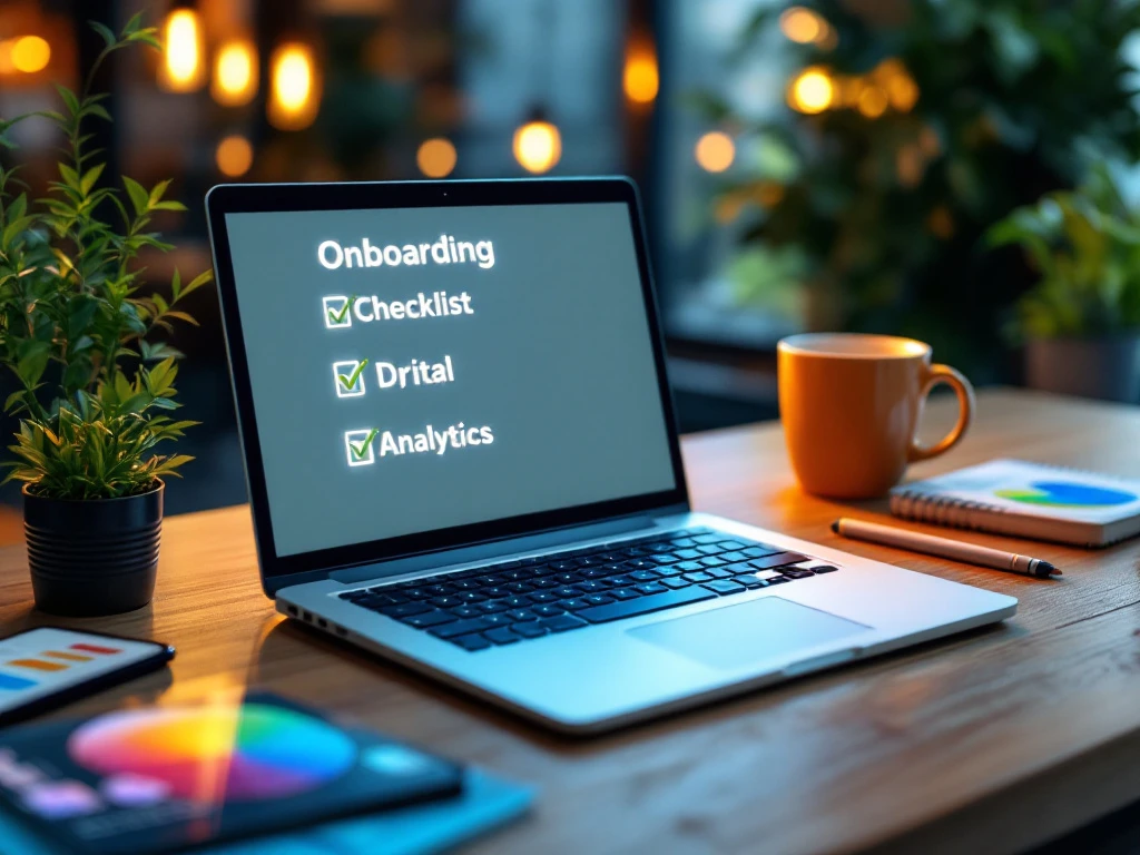 Laptop met digitale onboarding checklist op modern bureau omringd door marketingtools en analytics op smartphone