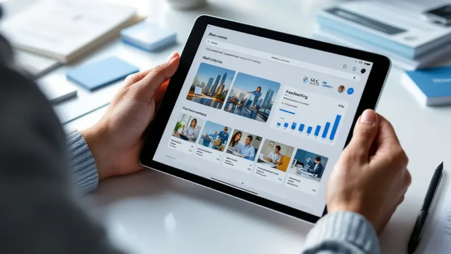 Professionele handen houden tablet met digitaal portfolio en marketingcampagnes, omringd door visitekaartjes en cv