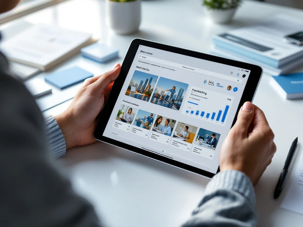 Professionele handen houden tablet met digitaal portfolio en marketingcampagnes, omringd door visitekaartjes en cv