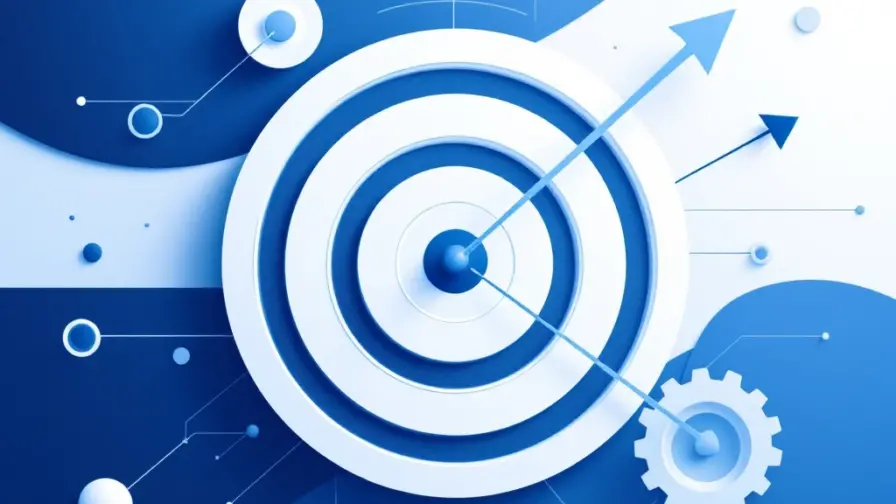 Geometrische doelcirkels met pijlen die naar centraal punt wijzen, blauwe en witte tinten voor gerichte marketingstrategie