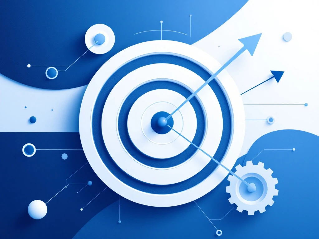 Geometrische doelcirkels met pijlen die naar centraal punt wijzen, blauwe en witte tinten voor gerichte marketingstrategie