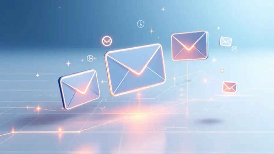 E-mail iconen zweven boven digitaal dashboard met data visualisatie elementen op blauwe gradient achtergrond