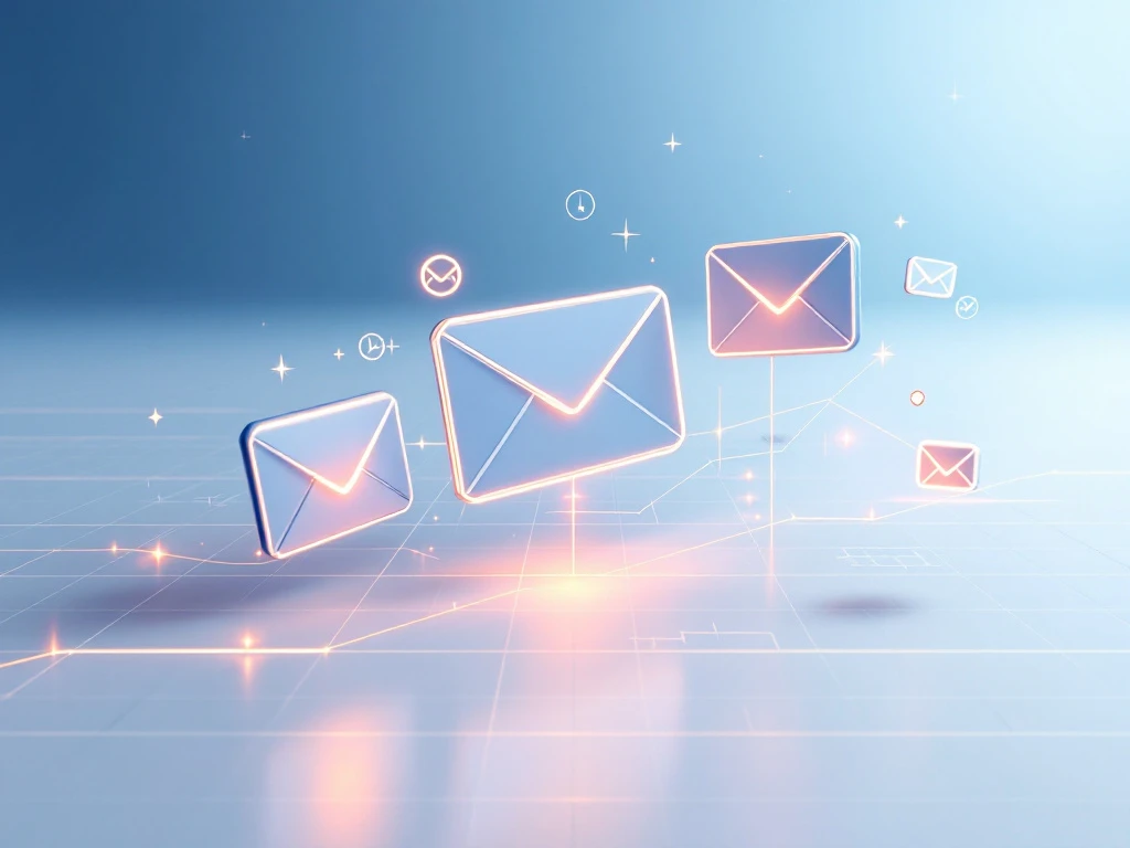 E-mail iconen zweven boven digitaal dashboard met data visualisatie elementen op blauwe gradient achtergrond