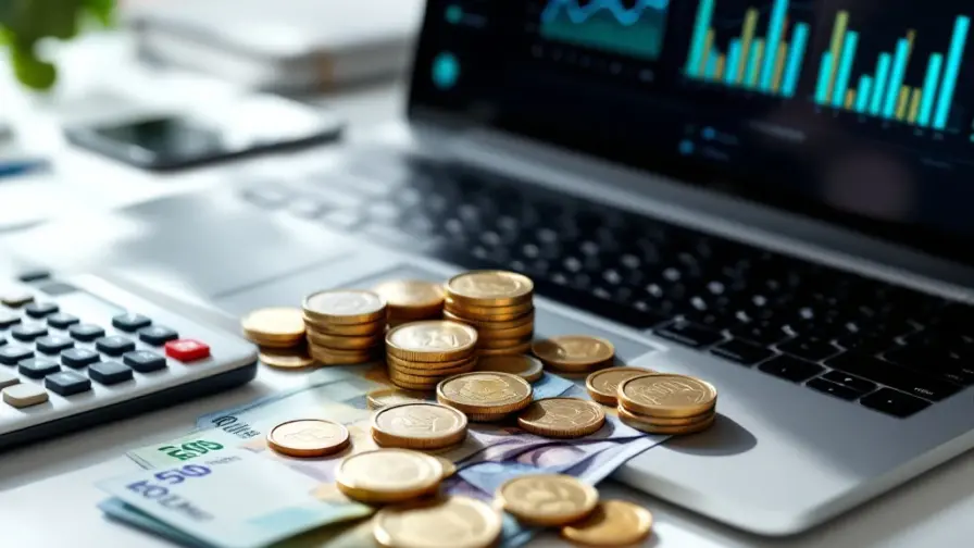 Laptop met email marketing analytics dashboard omringd door eurobiljetten, munten en calculator op wit bureau