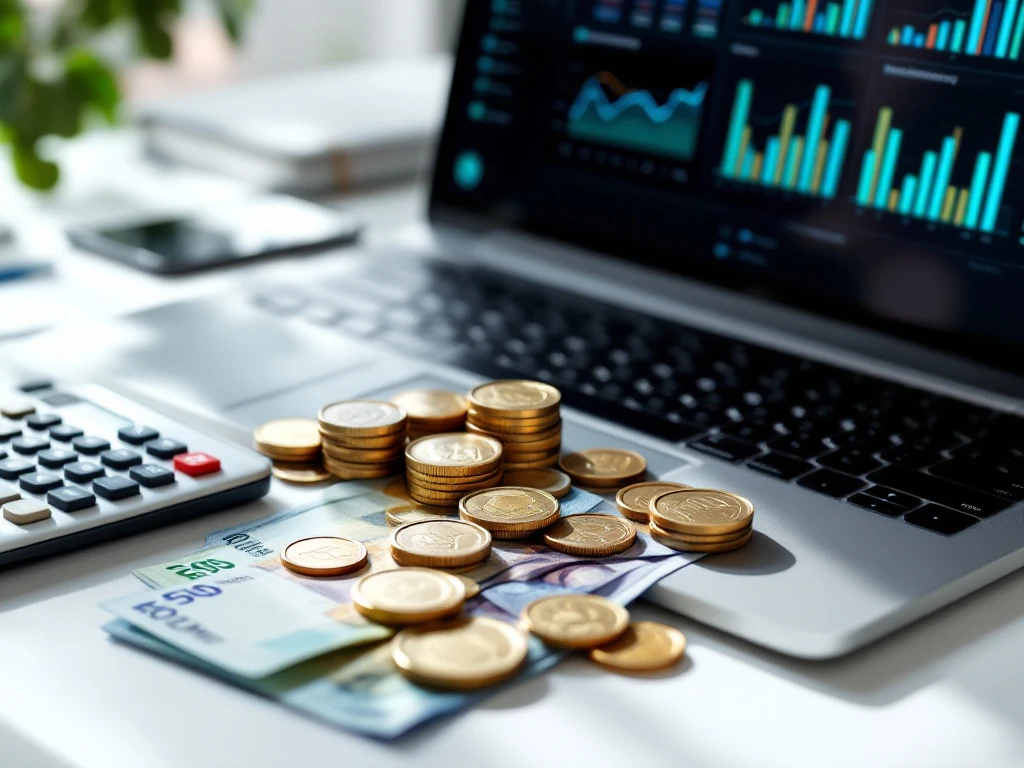 Laptop met email marketing analytics dashboard omringd door eurobiljetten, munten en calculator op wit bureau