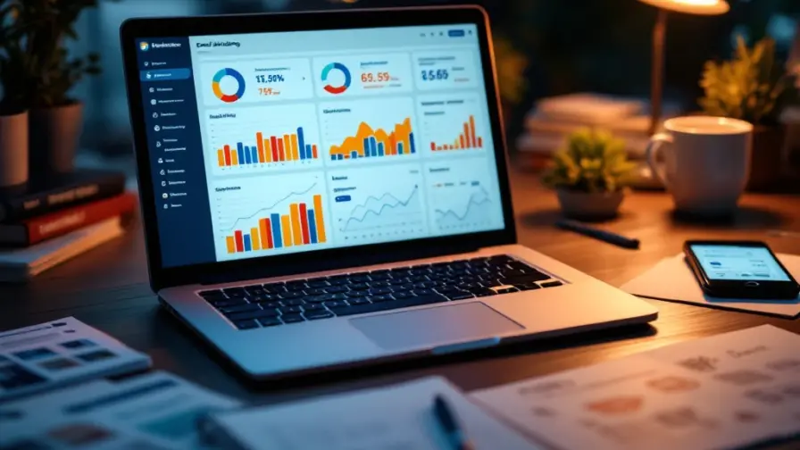 Laptop met kleurrijke e-mailmarketing dashboard en grafieken, omringd door marketingmaterialen en smartphone op bureau