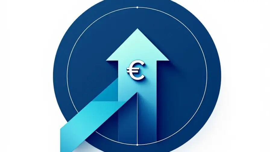Opwaartse pijl met euro-symbool in blauw-groene tinten op witte achtergrond, symboliseert financiële groei