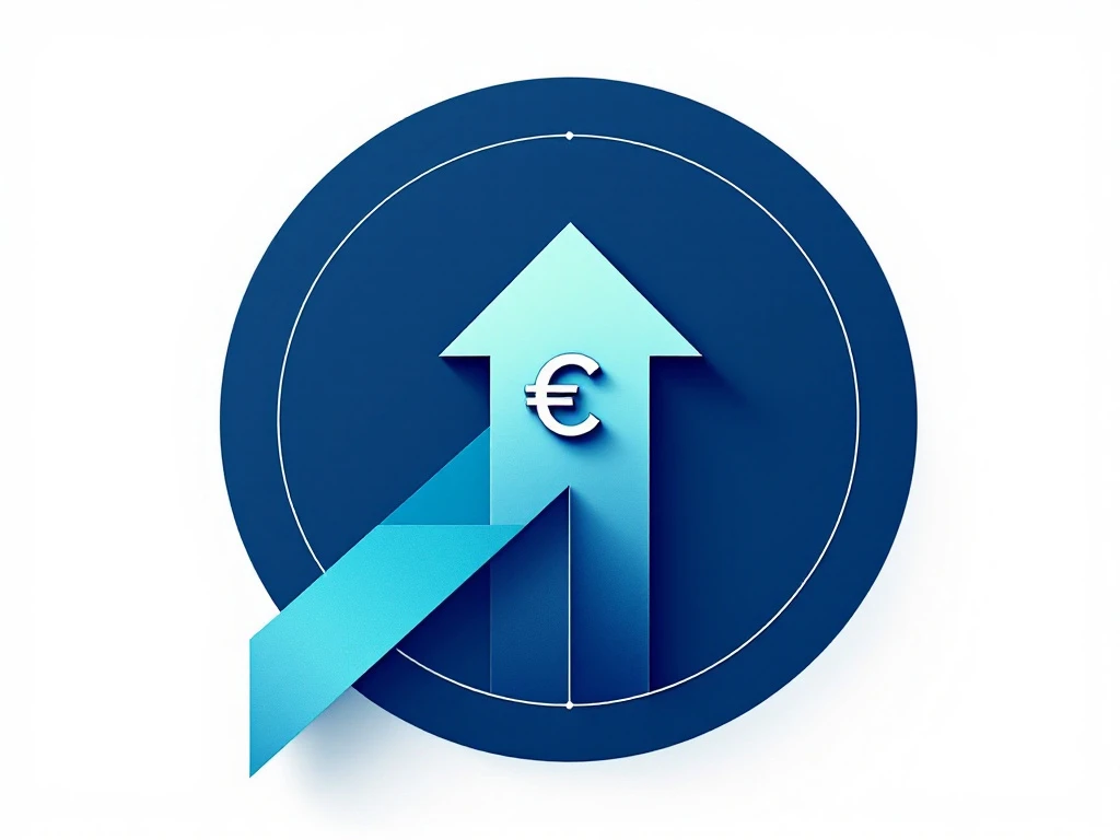 Opwaartse pijl met euro-symbool in blauw-groene tinten op witte achtergrond, symboliseert financiële groei