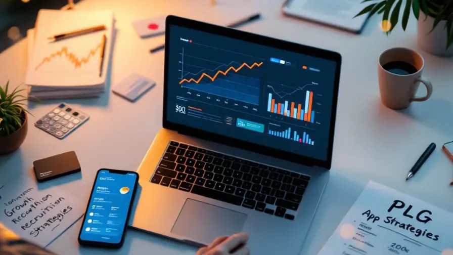 Laptop met groeianalyses op modern bureau met smartphone, visitekaartjes, notitieblok en koffie in professionele werkruimte