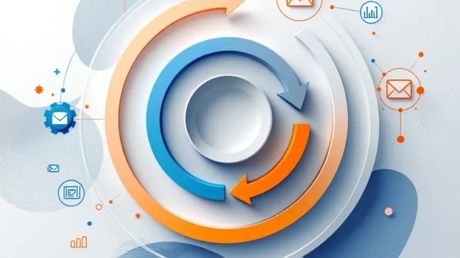 Geometrische vormen en pijlen in blauw en oranje die klantretentie workflow illustreren met marketing iconen op grijze achtergrond