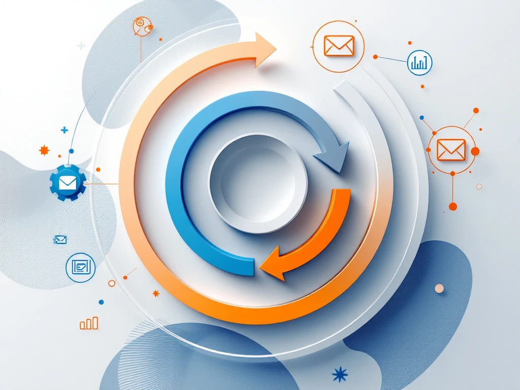 Geometrische vormen en pijlen in blauw en oranje die klantretentie workflow illustreren met marketing iconen op grijze achtergrond