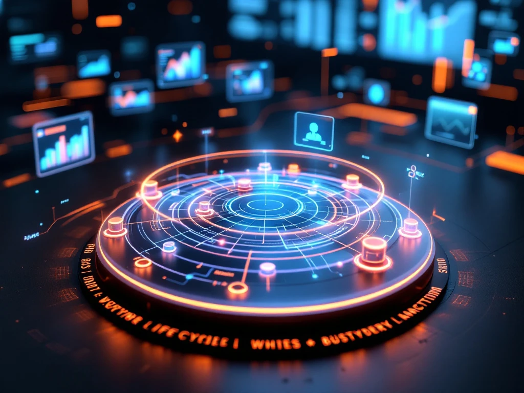 Circulair workflow diagram met gloeiende knooppunten voor customer lifecycle stages en data analytics dashboards