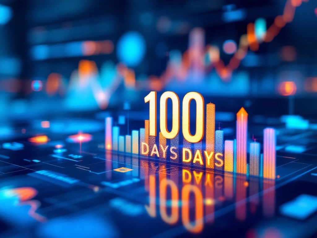 Digitaal dashboard toont KPI-statistieken en voortgangsbalken met "100 DAGEN" mijlpaal marker in blauw-oranje kleurenschema