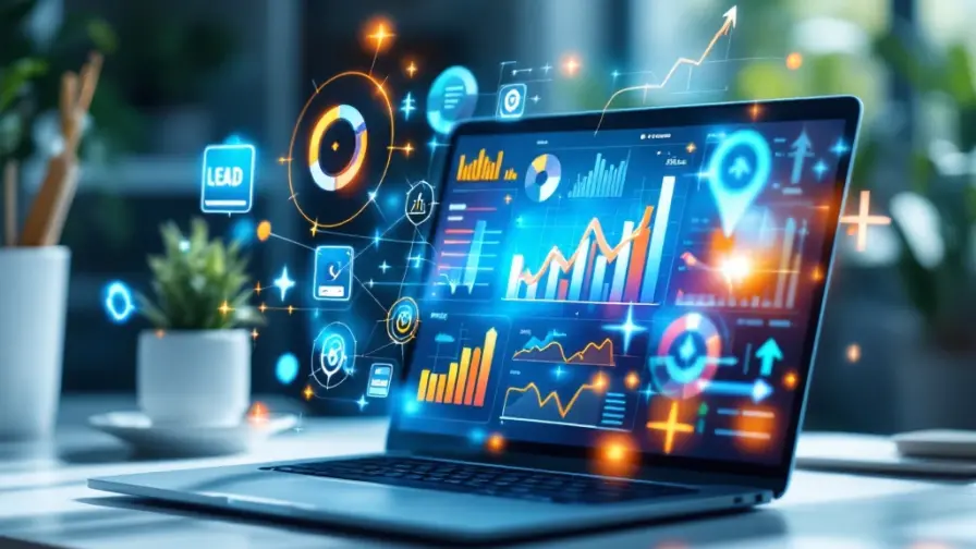 Laptop met kleurrijke data-analytics dashboards en holografische lead generation iconen op moderne werkplek