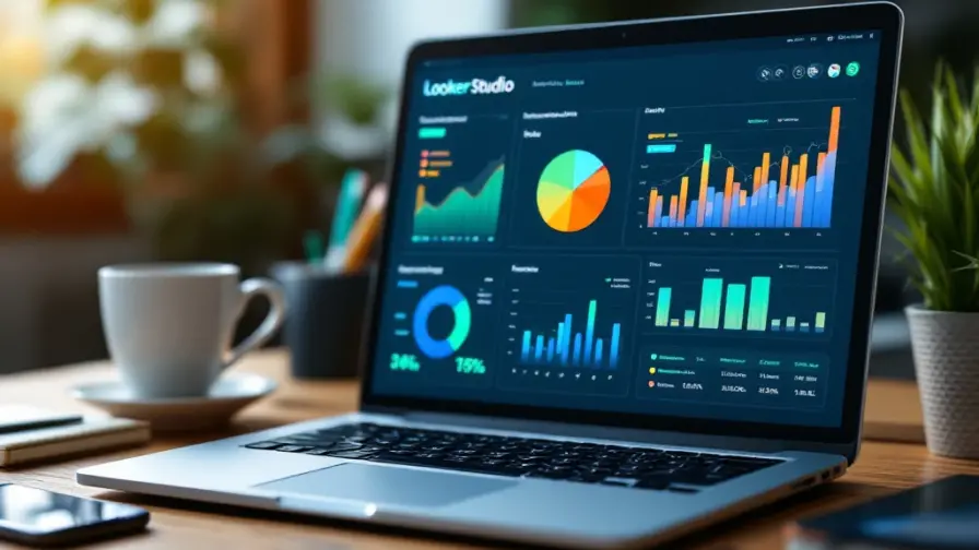 Laptop met Looker Studio dashboard vol kleurrijke marketinggrafieken en KPI-statistieken op modern bureau werkplek