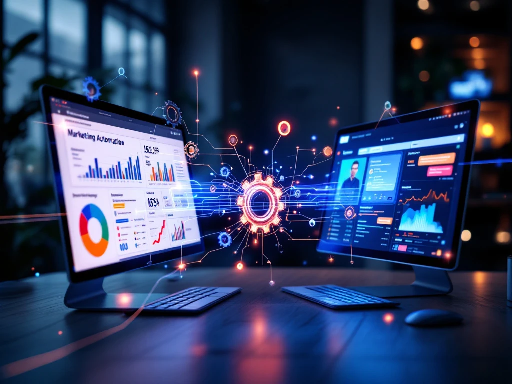 Luchtfoto van marketing dashboard en CRM-systeem verbonden door gloeiende blauwe en oranje datastromen in moderne werkruimte