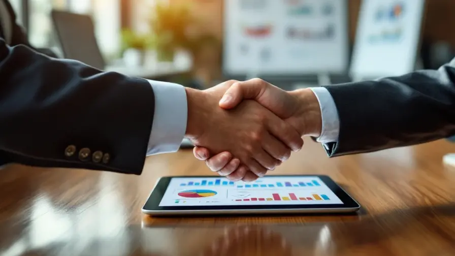 Twee zakenmensen schudden handen over vergadertafel, een houdt tablet met marketinganalyses vast in modern kantoor