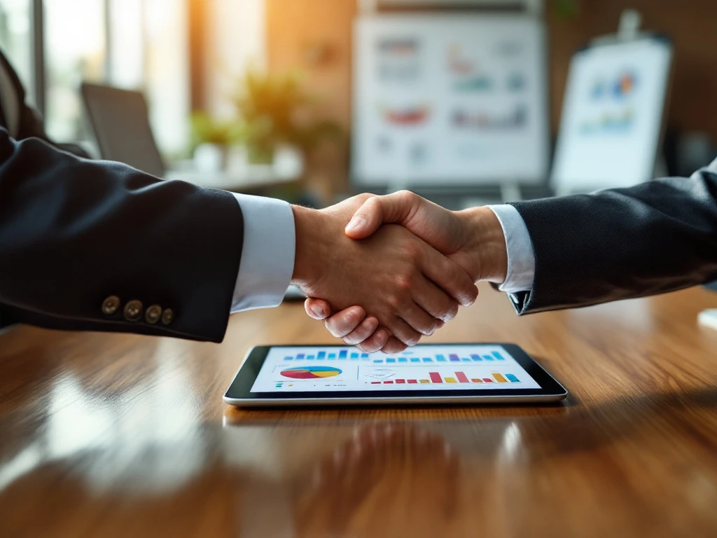 Twee zakenmensen schudden handen over vergadertafel, een houdt tablet met marketinganalyses vast in modern kantoor