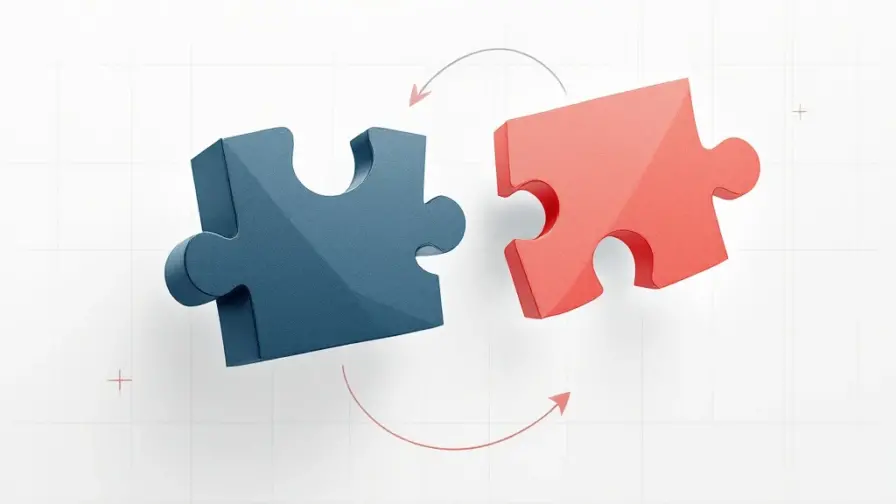 Geometrische puzzelstukken verbinden in de lucht, symboliserend zakelijke samenwerking en partnerships op witte achtergrond