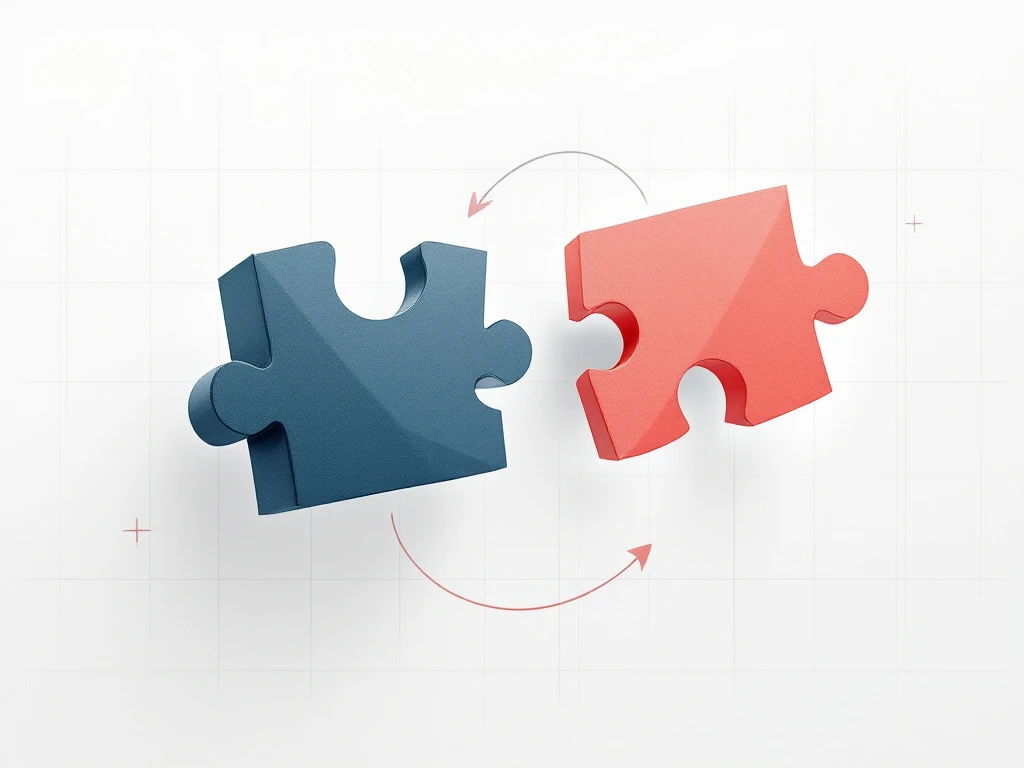 Geometrische puzzelstukken verbinden in de lucht, symboliserend zakelijke samenwerking en partnerships op witte achtergrond