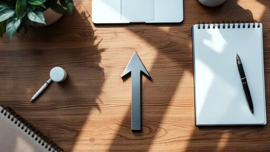 Moderne kantoorbureau met laptop, notitieboek en metalen pijl die carrièregroei symboliseert in warme tinten